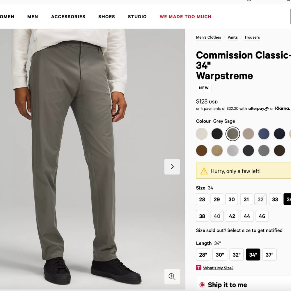 LULULEMON Commission Pant Classic 34"L - Size 40